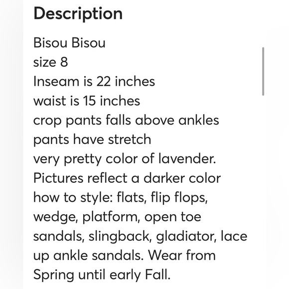 Bisou Bisou crop pants lavender size 8 spandex - Picture 15 of 15